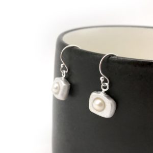 Silver Pearl Earrings in White Square