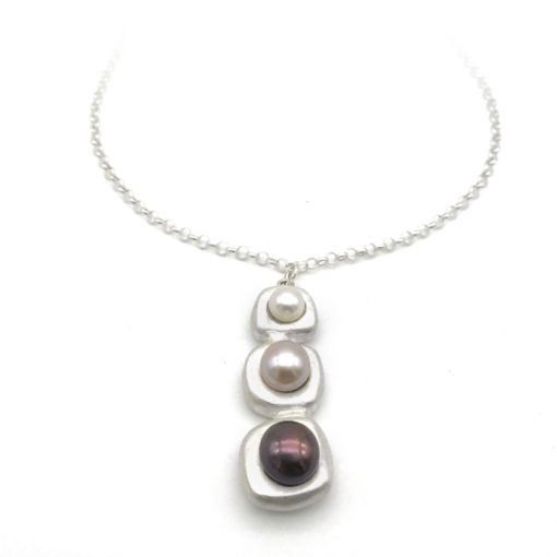 Tri Stepping Stone Silver Pearl Necklace