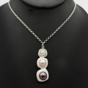 Tri Stepping Stone Silver Pearl Necklace